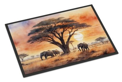 Elephants Savanna Sunrise Doormat Front Door Mat Indoor Outdoor Rugs for Entryway, Non Slip Washable Low Pile, 24H X 36W