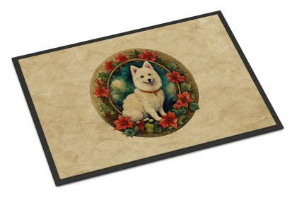 Japanese Spitz Christmas Flowers Doormat Front Door Mat Indoor Outdoor Rugs for Entryway, Non Slip Washable Low Pile, 24H X 36W