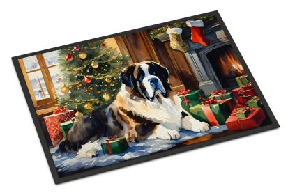 Saint Bernard Cozy Christmas Doormat Front Door Mat Indoor Outdoor Rugs for Entryway, Non Slip Washable Low Pile, 24H X 36W