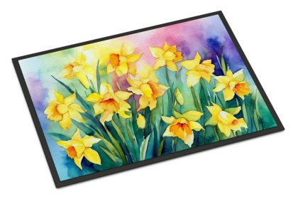 Daffodils in Watercolor Doormat Front Door Mat Indoor Outdoor Rugs for Entryway, Non Slip Washable Low Pile, 24H X 36W