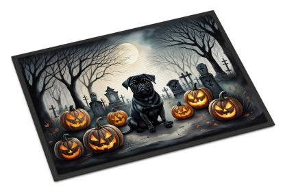 Black Pug Spooky Halloween Doormat Front Door Mat Indoor Outdoor Rugs for Entryway, Non Slip Washable Low Pile, 24H X 36W