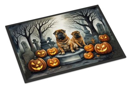 Shar Pei Spooky Halloween Doormat Front Door Mat Indoor Outdoor Rugs for Entryway, Non Slip Washable Low Pile, 24H X 36W