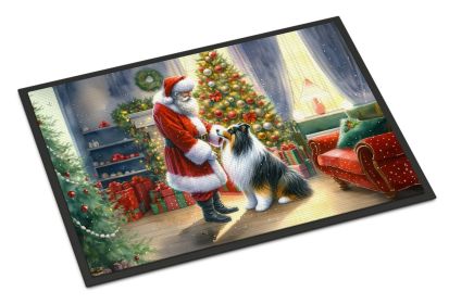 Collie and Santa Claus Doormat Front Door Mat Indoor Outdoor Rugs for Entryway, Non Slip Washable Low Pile, 24H X 36W