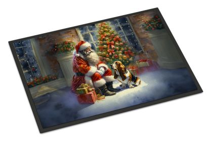 Basset Hound and Santa Claus Doormat Front Door Mat Indoor Outdoor Rugs for Entryway, Non Slip Washable Low Pile, 24H X 36W