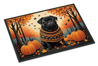 Black Pug Fall Doormat Front Door Mat Indoor Outdoor Rugs for Entryway, Non Slip Washable Low Pile, 24H X 36W