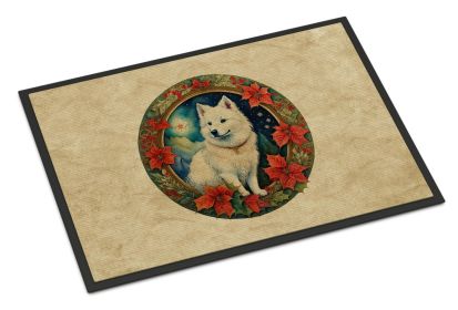 American Eskimo Christmas Flowers Doormat Front Door Mat Indoor Outdoor Rugs for Entryway, Non Slip Washable Low Pile, 24H X 36W