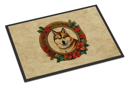 Akita Christmas Flowers Doormat Front Door Mat Indoor Outdoor Rugs for Entryway, Non Slip Washable Low Pile, 24H X 36W