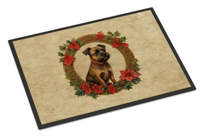 Border Terrier Christmas Flowers Doormat Front Door Mat Indoor Outdoor Rugs for Entryway, Non Slip Washable Low Pile, 24H X 36W