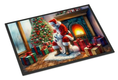 Samoyed and Santa Claus Doormat Front Door Mat Indoor Outdoor Rugs for Entryway, Non Slip Washable Low Pile, 24H X 36W