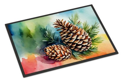 Maine White Pine Cone and Tassels in Watercolor Doormat Front Door Mat Indoor Outdoor Rugs for Entryway, Non Slip Washable Low Pile, 24H X 36W