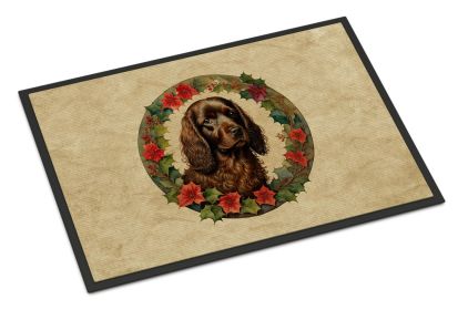 Boykin Spaniel Christmas Flowers Doormat Front Door Mat Indoor Outdoor Rugs for Entryway, Non Slip Washable Low Pile, 24H X 36W