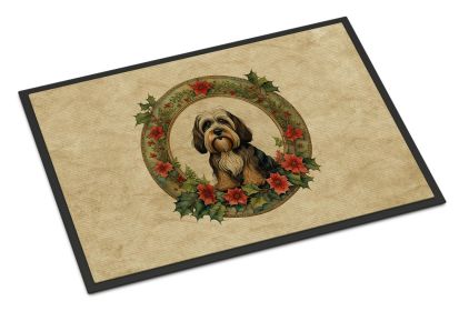 Tibetan Terrier Christmas Flowers Doormat Front Door Mat Indoor Outdoor Rugs for Entryway, Non Slip Washable Low Pile, 24H X 36W