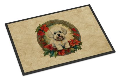 Bichon Frise Christmas Flowers Doormat Front Door Mat Indoor Outdoor Rugs for Entryway, Non Slip Washable Low Pile, 24H X 36W