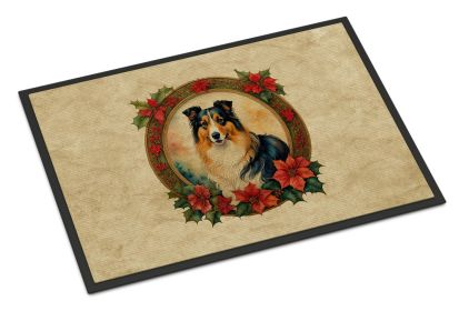 Collie Christmas Flowers Doormat Front Door Mat Indoor Outdoor Rugs for Entryway, Non Slip Washable Low Pile, 24H X 36W