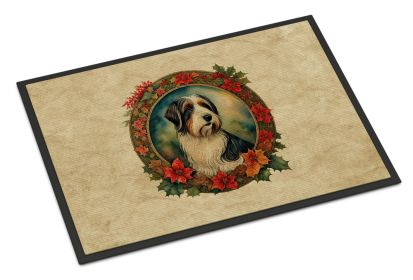 Bearded Collie Christmas Flowers Doormat Front Door Mat Indoor Outdoor Rugs for Entryway, Non Slip Washable Low Pile, 24H X 36W