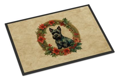 Scottish Terrier Christmas Flowers Doormat Front Door Mat Indoor Outdoor Rugs for Entryway, Non Slip Washable Low Pile, 24H X 36W