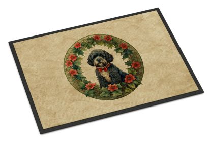 Portuguese Water Dog Christmas Flowers Doormat Front Door Mat Indoor Outdoor Rugs for Entryway, Non Slip Washable Low Pile, 24H X 36W