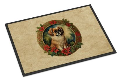 Tibetan Spaniel Christmas Flowers Doormat Front Door Mat Indoor Outdoor Rugs for Entryway, Non Slip Washable Low Pile, 24H X 36W