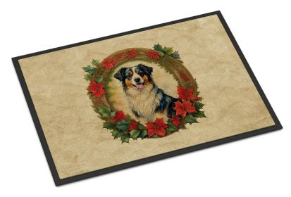 Australian Shepherd Christmas Flowers Doormat Front Door Mat Indoor Outdoor Rugs for Entryway, Non Slip Washable Low Pile, 24H X 36W