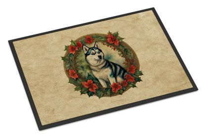 Siberian Husky Christmas Flowers Doormat Front Door Mat Indoor Outdoor Rugs for Entryway, Non Slip Washable Low Pile, 24H X 36W