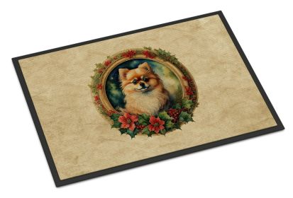 Pomeranian Christmas Flowers Doormat Front Door Mat Indoor Outdoor Rugs for Entryway, Non Slip Washable Low Pile, 24H X 36W