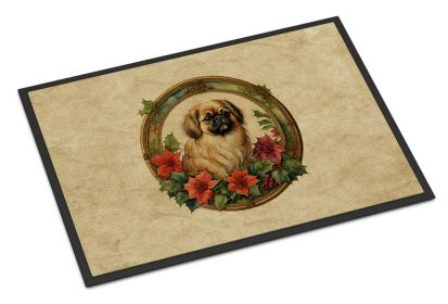 Pekingese Christmas Flowers Doormat Front Door Mat Indoor Outdoor Rugs for Entryway, Non Slip Washable Low Pile, 24H X 36W