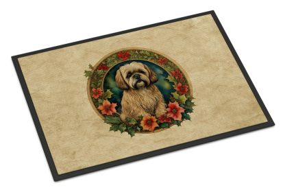 Lhasa Apso Christmas Flowers Doormat Front Door Mat Indoor Outdoor Rugs for Entryway, Non Slip Washable Low Pile, 24H X 36W