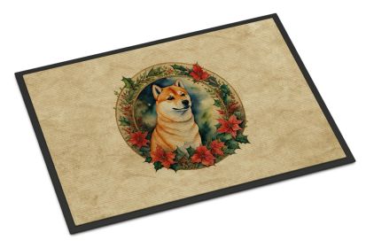 Shiba Inu Christmas Flowers Doormat Front Door Mat Indoor Outdoor Rugs for Entryway, Non Slip Washable Low Pile, 24H X 36W