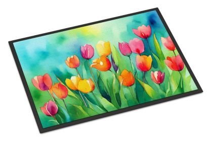 Tulips in Watercolor Doormat Front Door Mat Indoor Outdoor Rugs for Entryway, Non Slip Washable Low Pile, 24H X 36W (Default: Default)