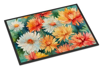 Chrysanthemums in Watercolor Doormat Front Door Mat Indoor Outdoor Rugs for Entryway, Non Slip Washable Low Pile, 24H X 36W (Default: Default)