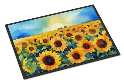 Kansas Sunflowers in Watercolor Doormat Front Door Mat Indoor Outdoor Rugs for Entryway, Non Slip Washable Low Pile, 24H X 36W (Default: Default)