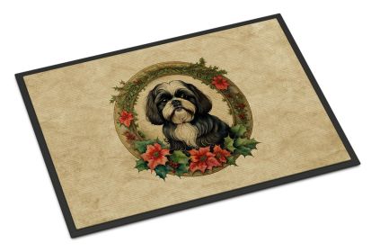 Shih Tzu Christmas Flowers Doormat Front Door Mat Indoor Outdoor Rugs for Entryway, Non Slip Washable Low Pile, 24H X 36W (Default: Default)